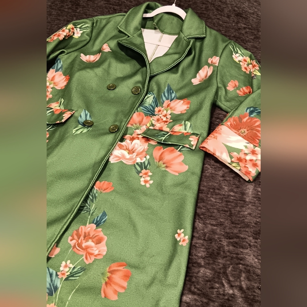 Green Floral Double-Breasted Trench Coat with Pink Blossoms